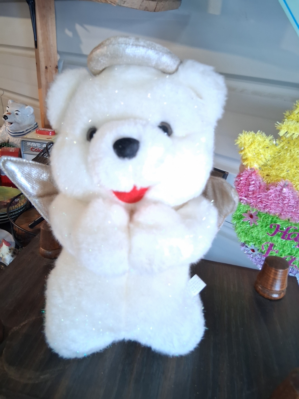White Angel Bear Plush Puppet with Gold Wings